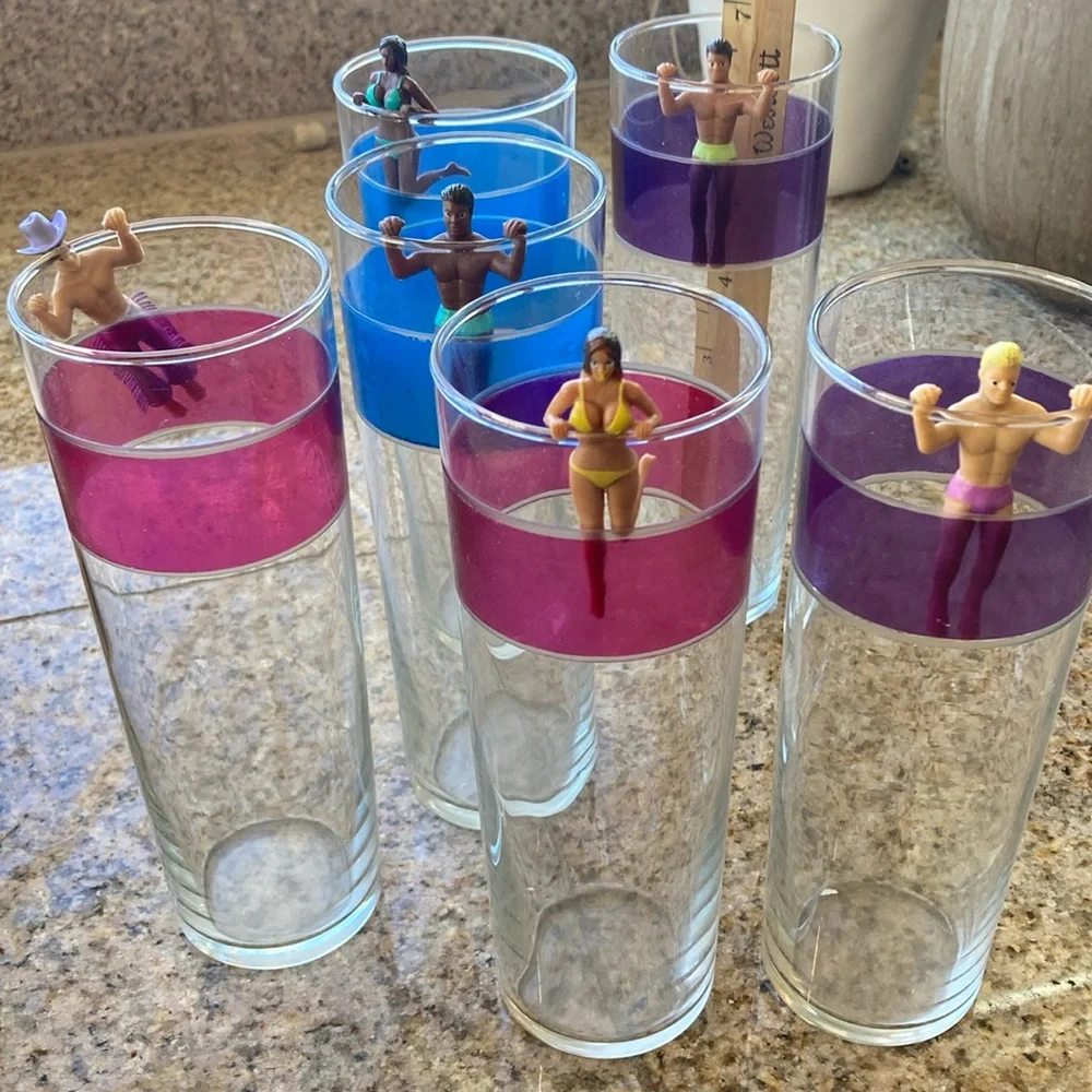 Libbey VintageSet of 6 glasses featuring colorful Bands Pink Blue Purple Summer